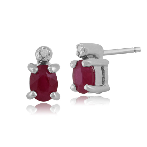 Boucles d'Oreilles Clou Classique Or Blanc 375 Rubis Oval et Diamant