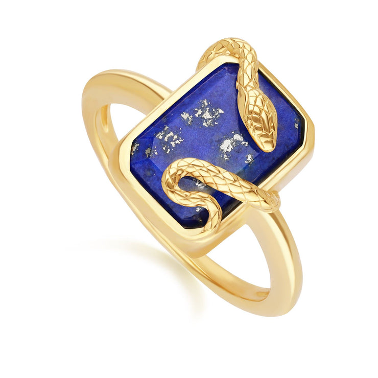 Bague Grand Deco Serpent Enroulé en Lapis Lazuli en Argent Doré à l'Or Fin