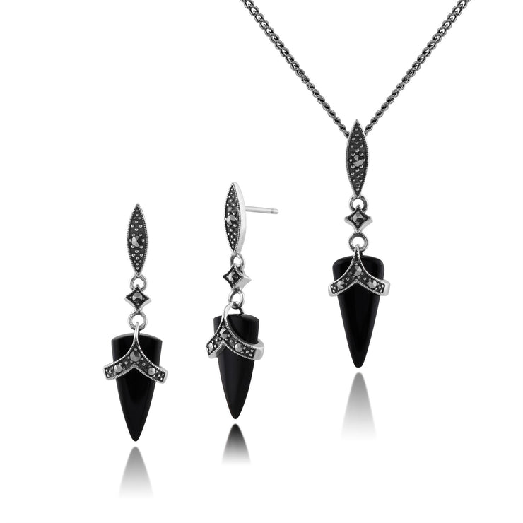 Pendentif et Boucles d'Oreilles Pendantes Style Art Déco Argent 925 Onyx Noire et Marcassite