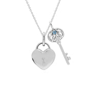 Pendentif Classique Cadenas Cœur Argent 925 et Charms Grande Clé Topaze Bleue