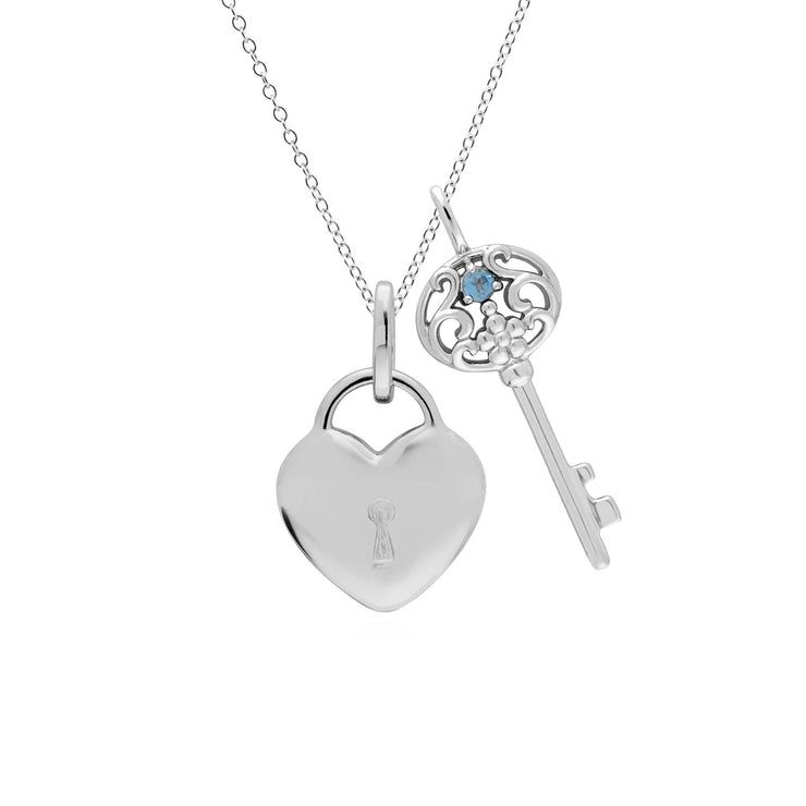 Pendentif Classique Cadenas Cœur Argent 925 et Charms Grande Clé Topaze Bleue