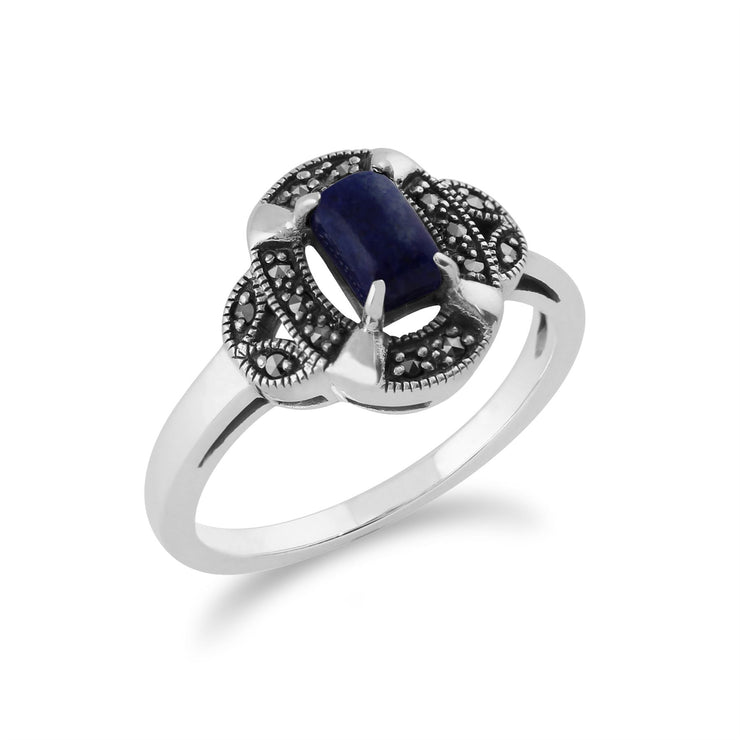 Gemondo Art Déco Bague, 925 Sterling Silver 0.50ct Lapis Lazuli & Marcassite Art Déco Bague