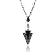 Collier et Boucles d'Oreilles Pendantes Traingle Style Art Déco Argent 925 Onyx Noire et Marcassite