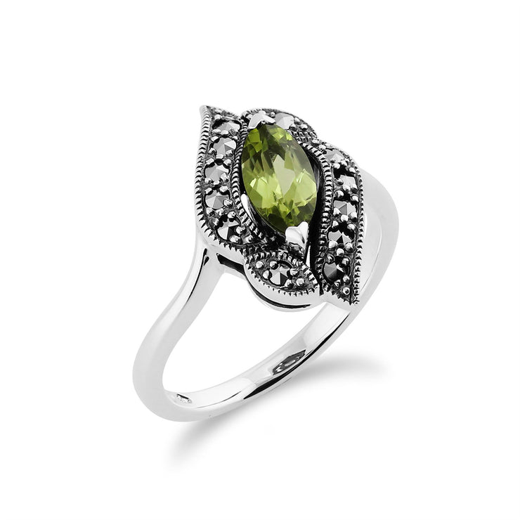 Gemondo Argent 0,52ct Péridot & 0,19 CT Marcassite Bague Style Art Nouveau