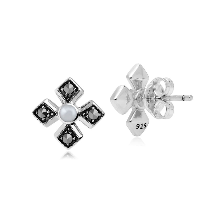 Boucles d'Oreilles Clou Croix Gothique Style Art Déco Argent 925 Perle et Marcassite