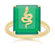 Bague Grand Deco Serpent en Calcédoine Verte en Argent Doré à l'Or Fin