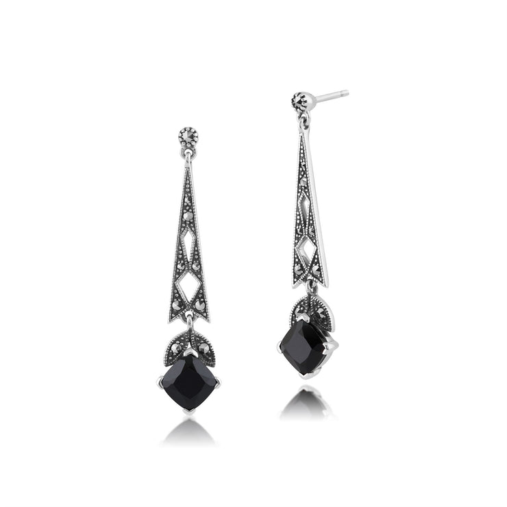 Boucles d'Oreilles Pendantes Style Art Déco Argent 925 Spinelle Noir Coussin et Marcassite