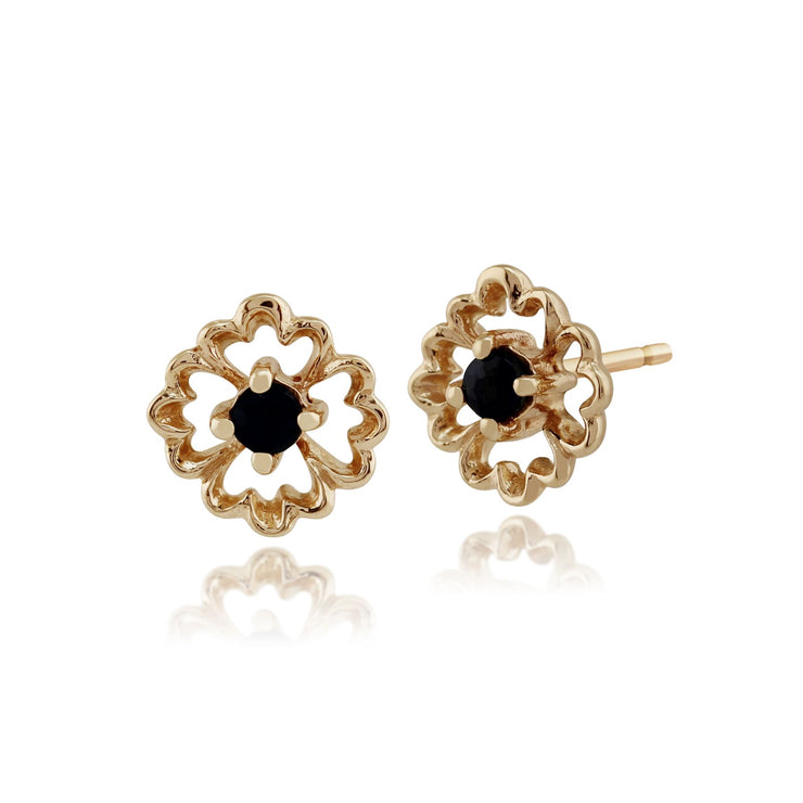 Pendentif et Boucles d'Oreilles Clou Floral Or Jaune 375 Saphir Rond