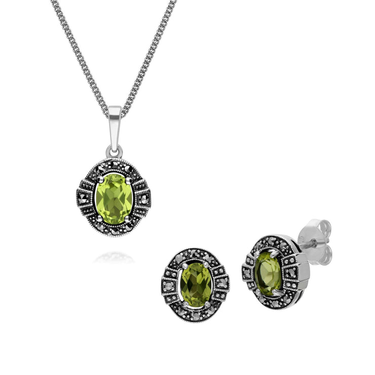 Pendentif et Bague Style Art Déco Argent 925 Grenat et Marcassite Cluster Oval