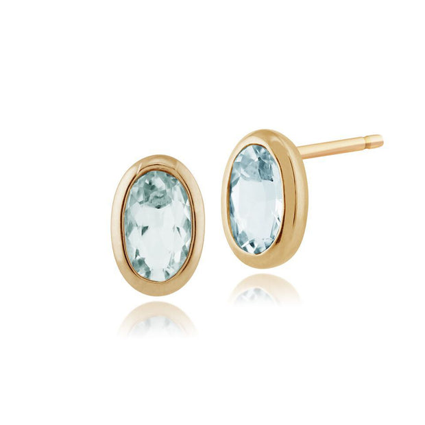 Boucles d'Oreilles Clou Classique Or Jaune 375 Aigue-Marine Ovale