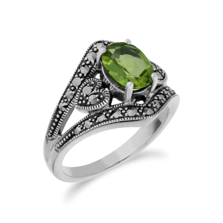 Gemondo Bague Péridot, Argent Sterling Peridot & Marcassite Ovale Art Nouveau Bague - Péridot