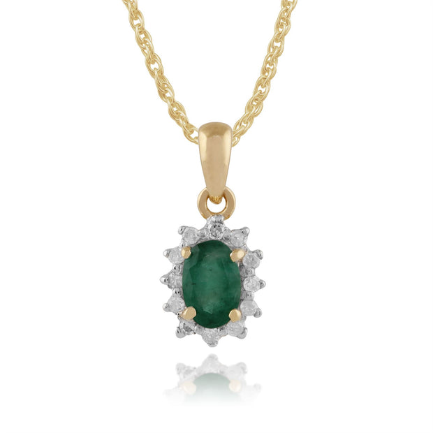 Pendentif et Bague Oval Classique Or Jaune 375 Emeraude et Diamant Halo Cluster