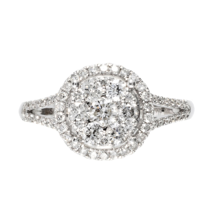 Gemondo 18ct Or Blanc 0.75ct Jarret Fendu Diamant Auréole Bague Grappe