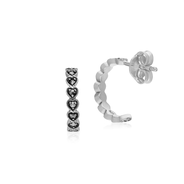 Boucles d'Oreilles Géométrique Cœur Demi-Créoles Argent 925 Marcassite