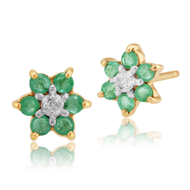 Boucles d'Oreilles Clou Floral Or Jaune 375 Emeraude Ronde et Diamant Style Cluster