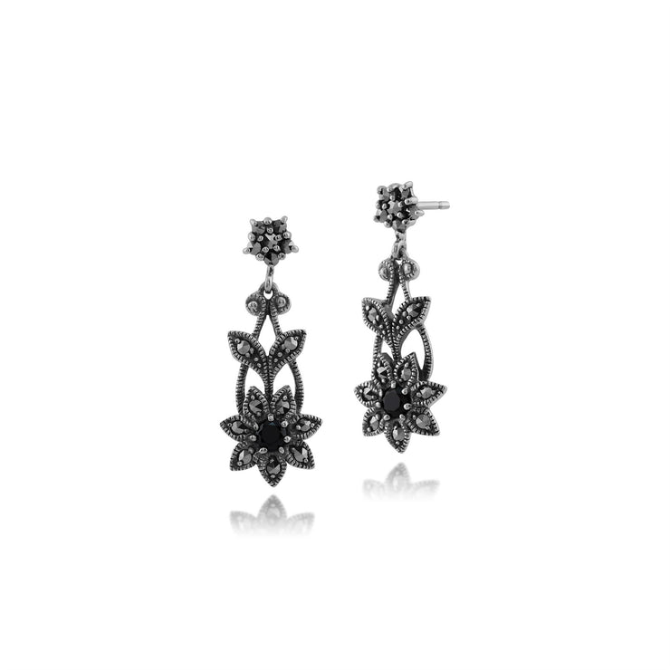 Boucles d'Oreilles Florales Pendantes Style Art Nouveau Argent 925 Spinelle Noir et Marcassite