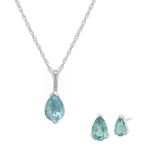 Pendentif et Boucles d'Oreilles Clou Classique Or Blanc 375 Topaze Bleue Poire