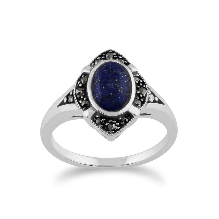 Gemondo Art Déco Bague, En Argent Sterling 925 1.00ct Lapis Lazuli & Marcassite Art Déco Bague