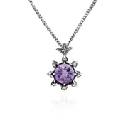 Collier Floral Argent 925 Améthyste Rond et Marcassite