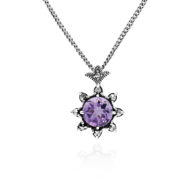 Collier Floral Argent 925 Améthyste Rond et Marcassite
