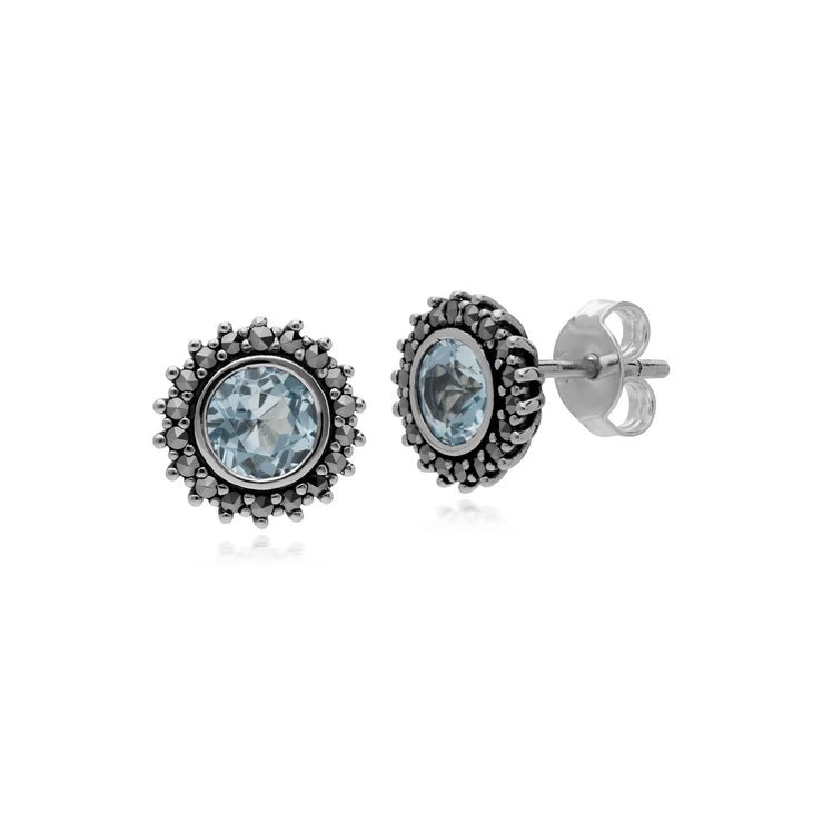 Topaze Boucles D'Oreilles, Argent Sterling Topaze Bleu & Marcassite Novembre Art Nouveau Boucles D'Oreilles