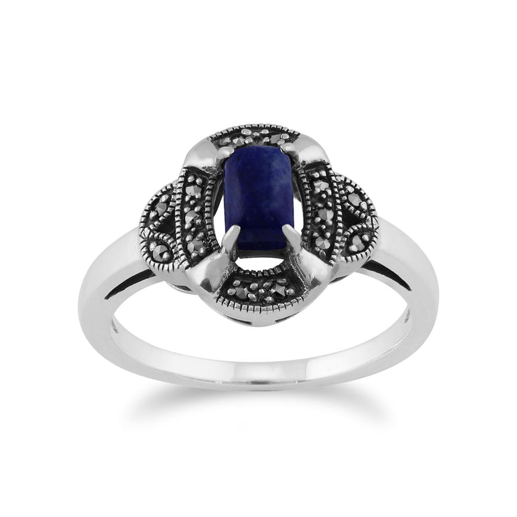Gemondo Art Déco Bague, 925 Sterling Silver 0.50ct Lapis Lazuli & Marcassite Art Déco Bague