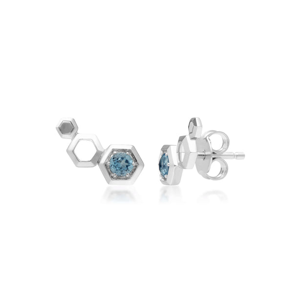 Boucles d'Oreilles Style Honeycomb «Ear Climbers» Argent 925 Topaze Bleu