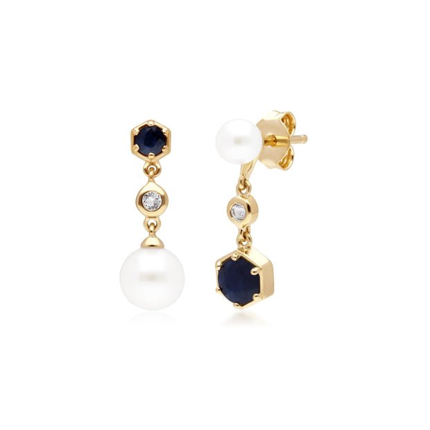 Boucles d'Oreilles Pendantes Asymétriques Perle Moderne Argent 925 Plaqué Or Perle, Saphir et Topaze
