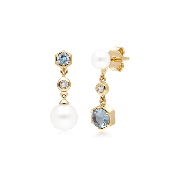 Boucles d'Oreilles Pendantes Asymétriques Perle Moderne Argent 925 Plaqué Or Perle, Aigue-Marine et Topaze