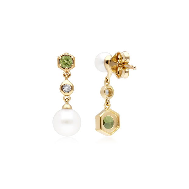 Boucles d'Oreilles Pendantes Asymétriques Perle Moderne Argent 925 Plaqué Or Perle, Péridot et Topaze