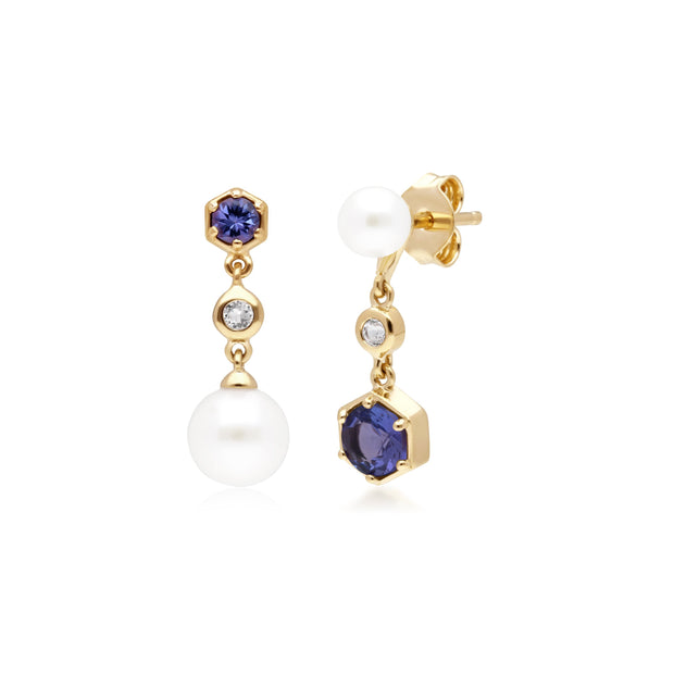 Boucles d'Oreilles Pendantes Asymétriques Perle Moderne Argent 925 Plaqué Or Perle, Tanzanite et Topaze