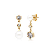 Boucles d'Oreilles Pendantes Asymétriques Perle Moderne Argent 925 Plaqué Or Perle et Topaze Blanche
