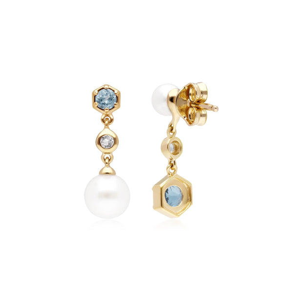 Boucles d'Oreilles Pendantes Asymétriques Perle Moderne Argent 925 Plaqué Or Perle et Topaze Bleue et Blanche