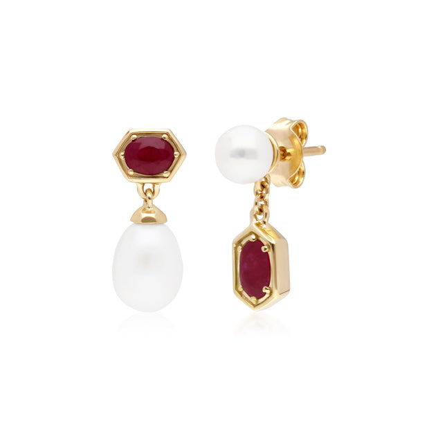 Boucles d'Oreilles Pendantes Asymétriques Perle Moderne Argent 925 Plaqué Or Perle et Rubis