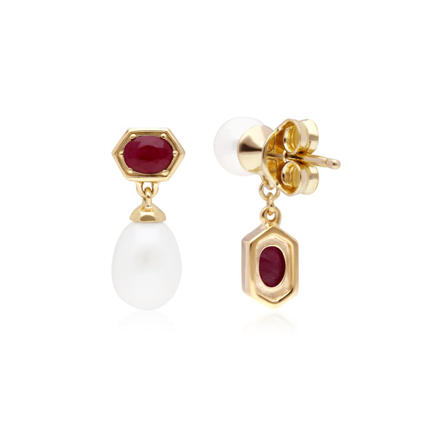 Boucles d'Oreilles Pendantes Asymétriques Perle Moderne Argent 925 Plaqué Or Perle et Rubis