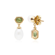Boucles d'Oreilles Pendantes Asymétriques Perle Moderne Argent 925 Plaqué Or Perle et Péridot