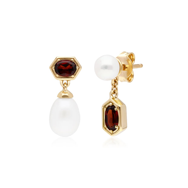 Boucles d'Oreilles Pendantes Asymétriques Perle Moderne Argent 925 Plaqué Or Perle et Grenat