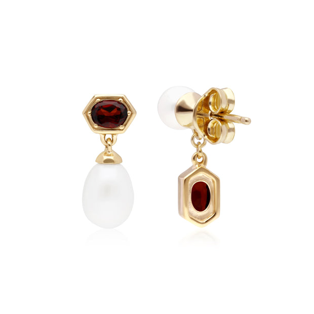 Boucles d'Oreilles Pendantes Asymétriques Perle Moderne Argent 925 Plaqué Or Perle et Grenat