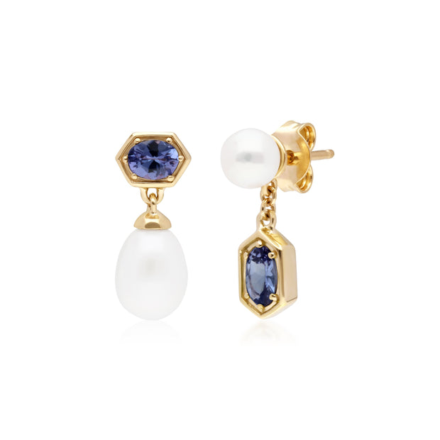 Boucles d'Oreilles Pendantes Asymétriques Perle Moderne Argent 925 Plaqué Or Perle et Tanzanite