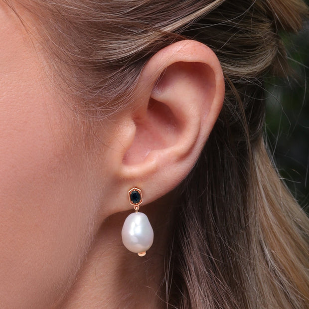 Boucles d'Oreilles Pendantes Moderne Perle Baroque Argent 925 Plaqué Or Rose Perle et Saphir