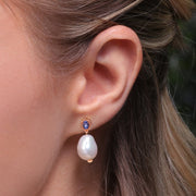 Boucles d'Oreilles Pendantes Perles Moderne Argent 925 Plaqué Or Rose Perle Baroque et Tanzanite