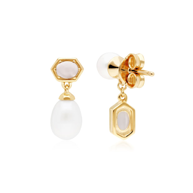 Modern Pearl & Moonstone Mismatched Drop Earrings in Gold Plated 925 Sterling Silver