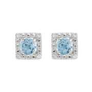 Boucles d'Oreilles Clou Topaze Bleue Classique Or Blanc 375 et Ear-Jacket Carré Diamant