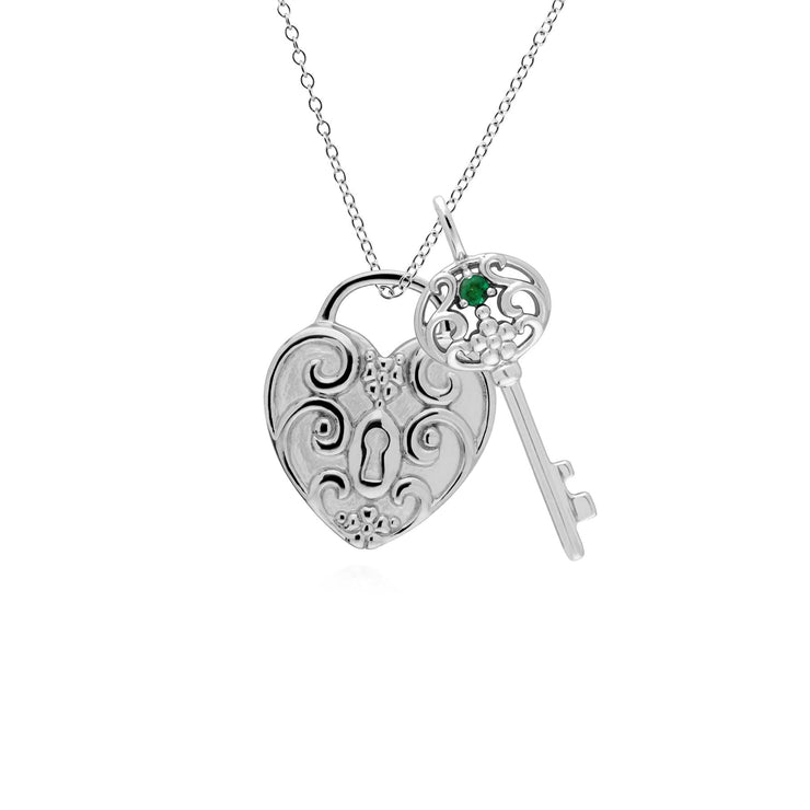 Pendentif Classique Cadenas Cœur Torsadé  Argent 925 et Charms Grande Clé Emeraude