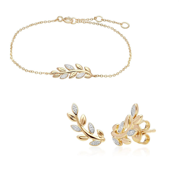 Bracelet et Boucles d'Oreilles Clou O Leaf Or Jaune 375 Diamant