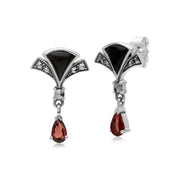 s Argent Sterling Poire Grenade, Onyx Noir et Marcassite Éventail Boucles D'Oreilles Goutte