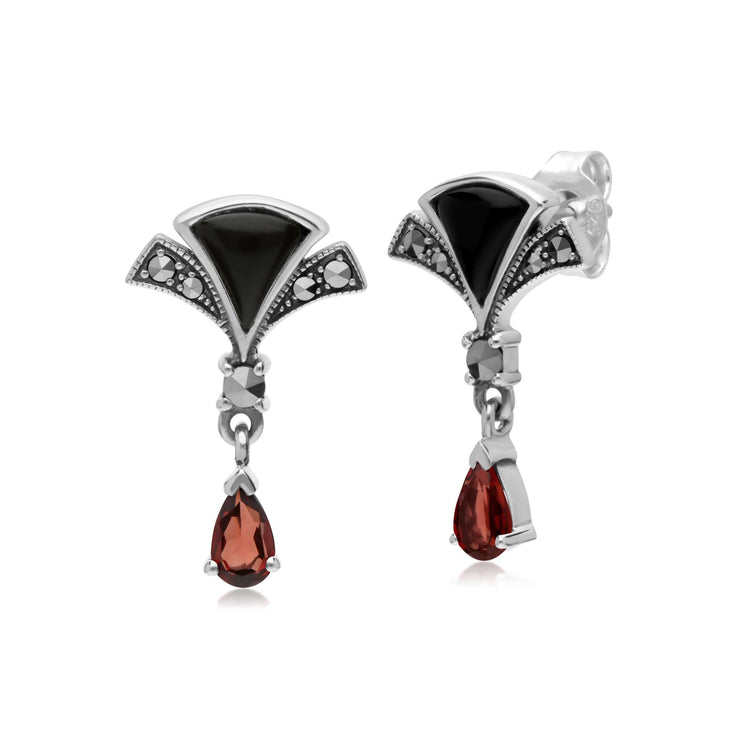 s Argent Sterling Poire Grenade, Onyx Noir et Marcassite Éventail Boucles D'Oreilles Goutte