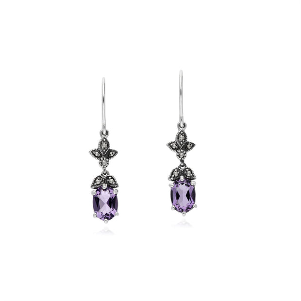 Boucles d'Oreilles Style Art Nouveau en Argent Sterling 925 avec Améthyste et Marcassites