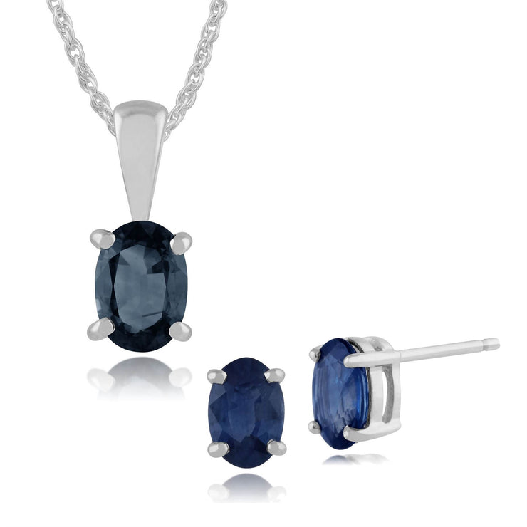 Pendentif et Boucles d'Oreilles Clou Classique Or Blanc 375 Saphir Oval