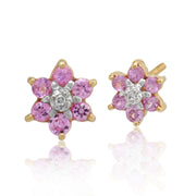 Pendentif et Boucles d'Oreilles Clou Floral Or Jaune 375 Saphir Rose et Diamant